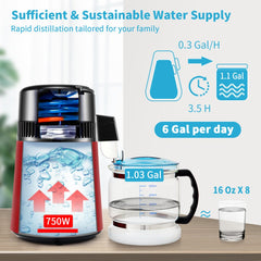 VEVOR 1.1Gal Water Distiller, 0.3Gal/H, 750W Distilled Water Maker Machine 0-99H Timing Dual Temp Display, 304