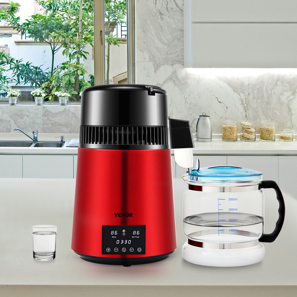 VEVOR 1.1Gal Water Distiller, 0.3Gal/H, 750W Distilled Water Maker Machine 0-99H Timing Dual Temp Display, 304