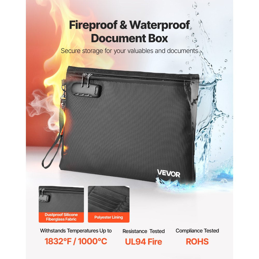 VEVOR Fireproof Document Bag, 1832 ℉ Heat Insulated Fireproof & Waterproof Bag with Lock, Portable File Storage