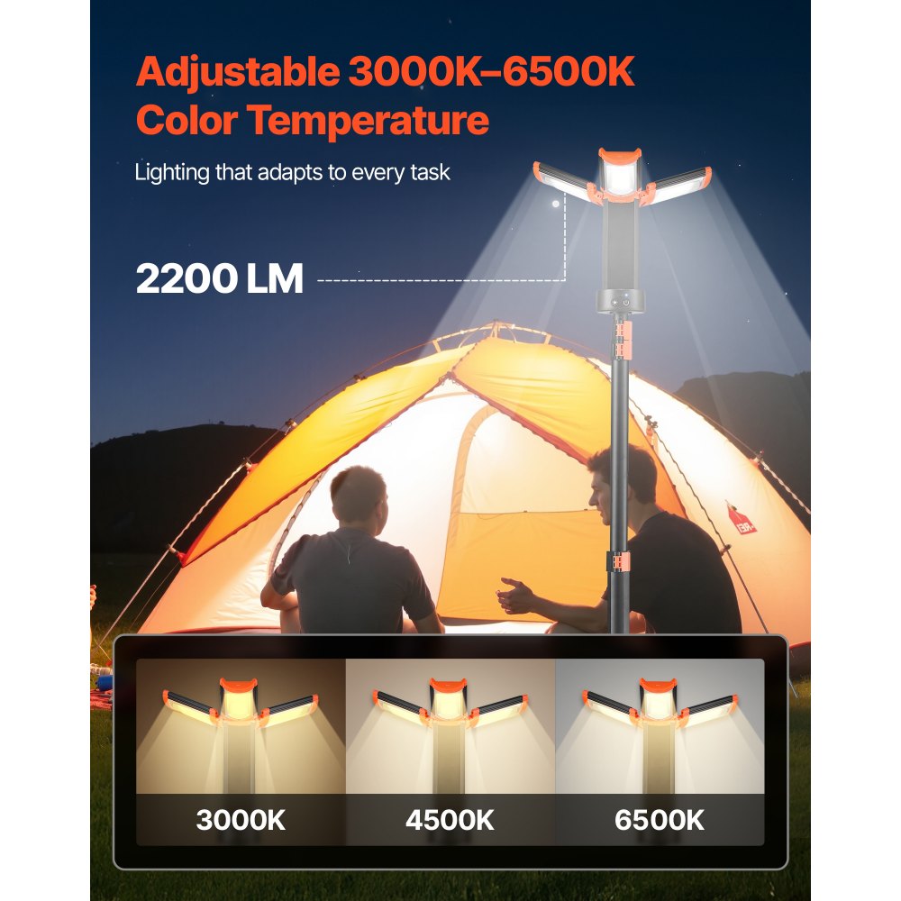 VEVOR LED Work Light with Stand, 13.2Ah, Rechargeable Cordless Camping Light, with 3 Lamp Heads, Detachable Tripod