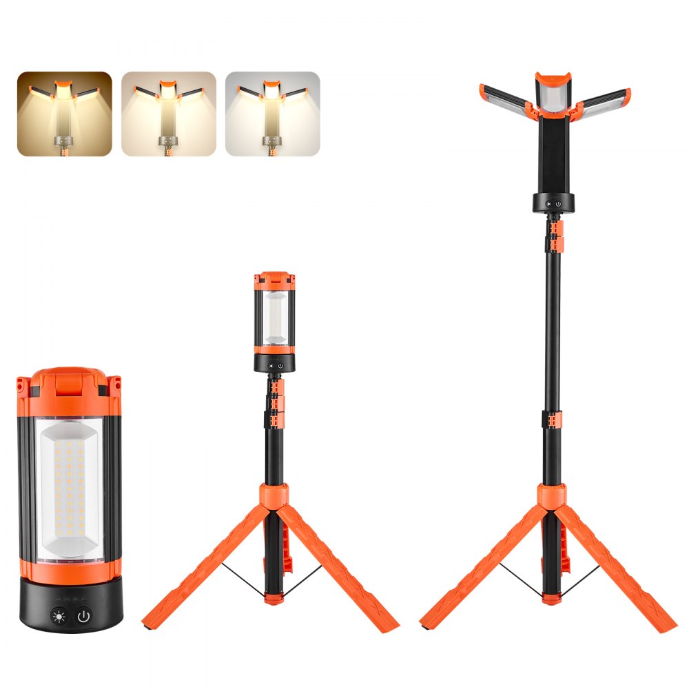 VEVOR LED Work Light with Stand, 13.2Ah, Rechargeable Cordless Camping Light, with 3 Lamp Heads, Detachable Tripod