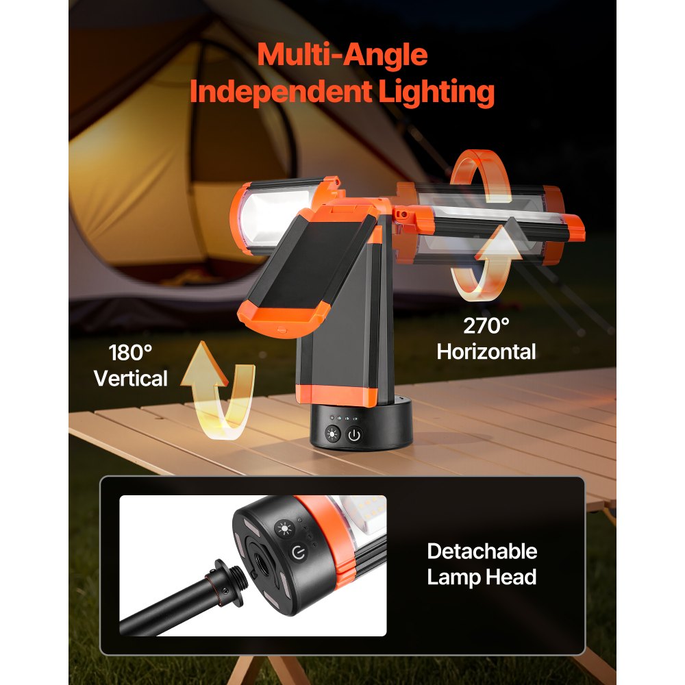 VEVOR LED Work Light with Stand, 8Ah, Rechargeable Cordless Camping Light, with 3 Lamp Heads, Detachable Tripod Stand