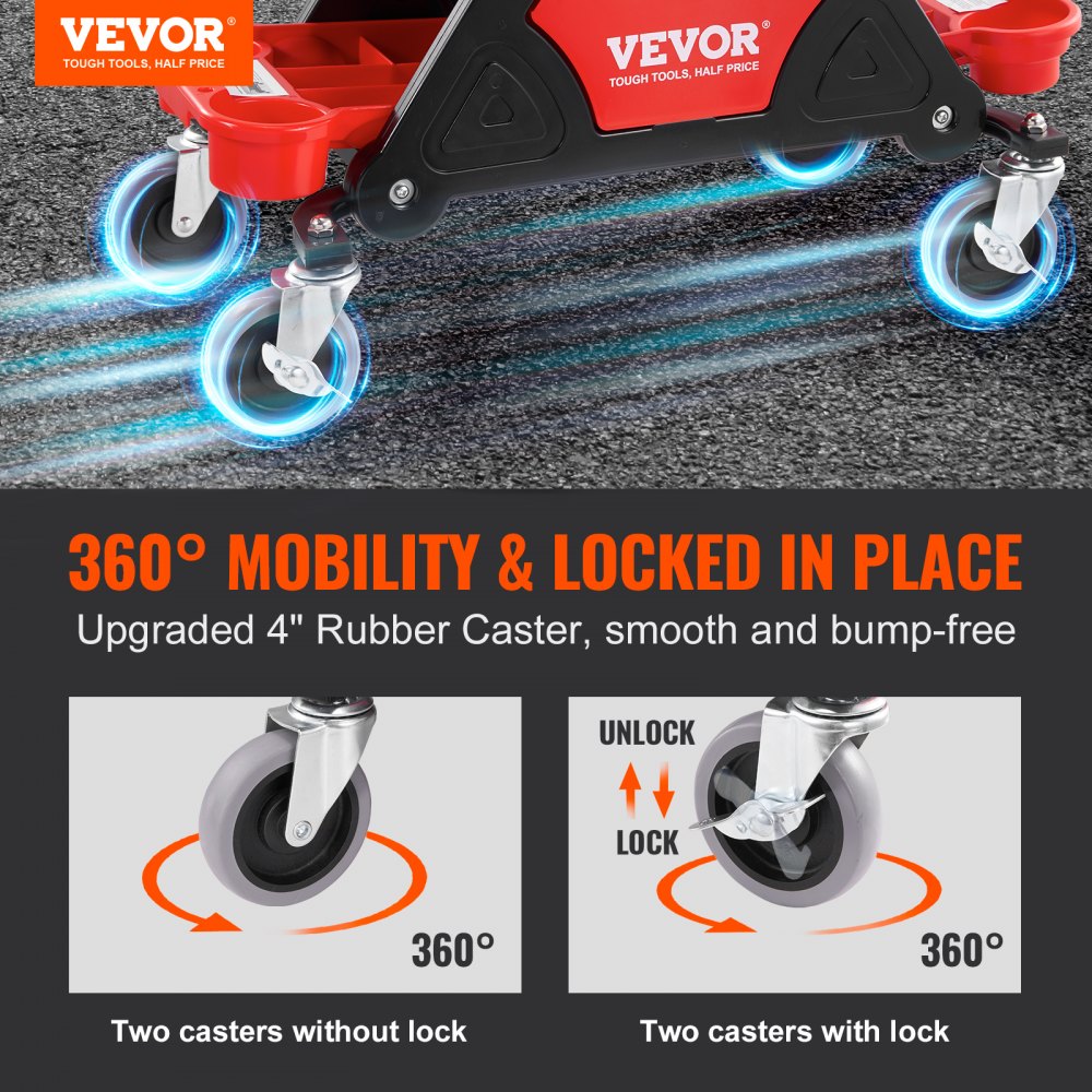 VEVOR Mechanics Stool, 300 LBS Capacity Rolling Mechanic Seat with 4" Wheels, with Three Slide Out Tool Trays and