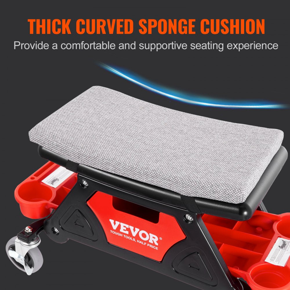 VEVOR Mechanics Stool, 300 LBS Capacity Rolling Mechanic Seat with 4" Wheels, with Three Slide Out Tool Trays and