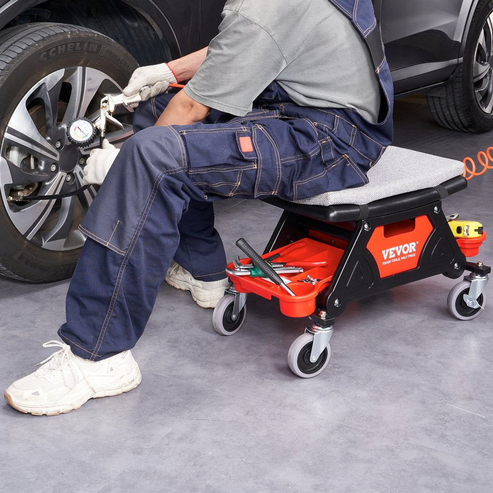 VEVOR Mechanics Stool, 300 LBS Capacity Rolling Mechanic Seat with 4" Wheels, with Three Slide Out Tool Trays and