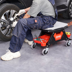VEVOR Mechanics Stool, 300 LBS Capacity Rolling Mechanic Seat with 4" Wheels, with Three Slide Out Tool Trays and