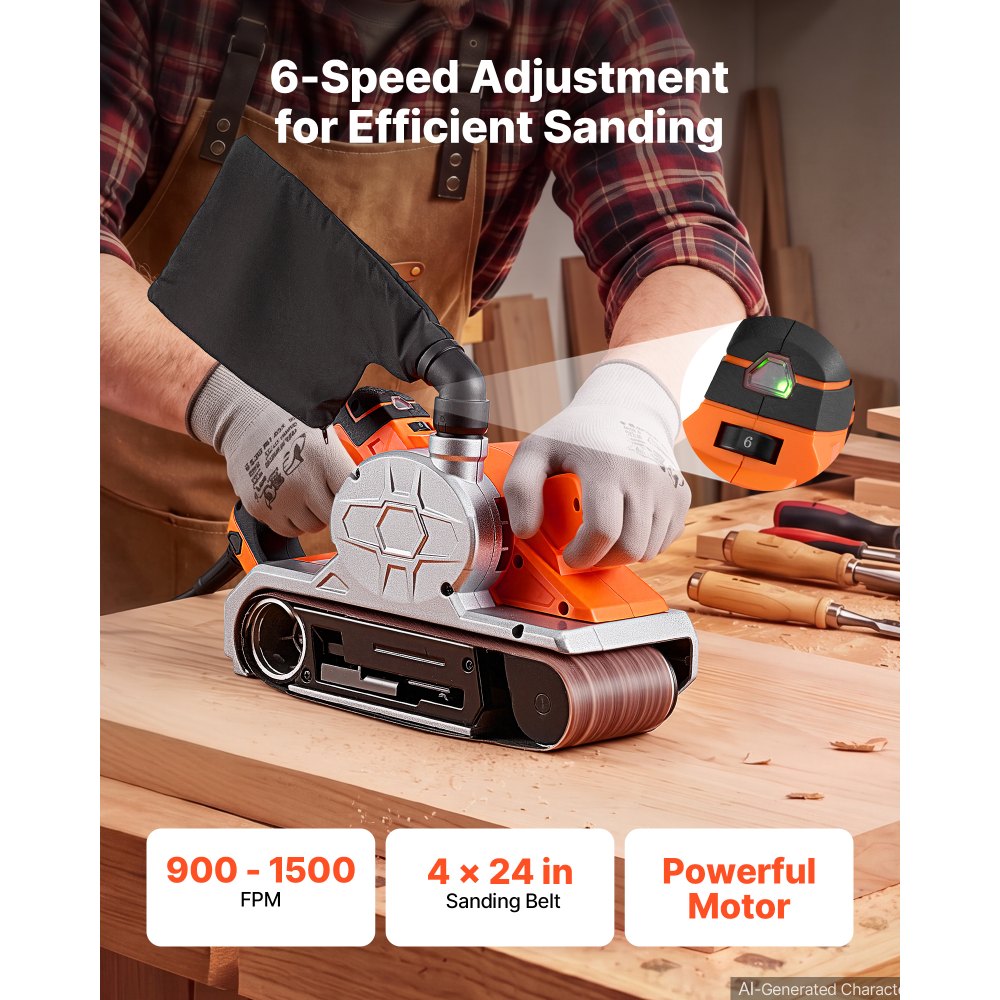 VEVOR 11.5A Belt Sander 4" x 24" Woodworking Belt Sander 6 Variable Speeds, 900-1550 FPM Sanding Machine with 10PCS