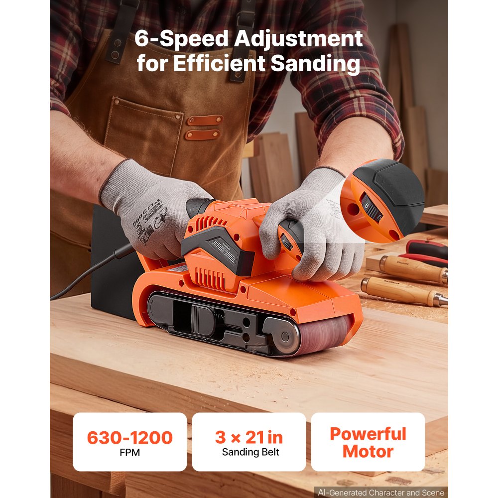 VEVOR 7A Belt Sander 3" x 21" Woodworking Belt Sander 6 Speeds 630-1200 FPM, 2-in-1 Handheld & Benchtop Sanding Machine
