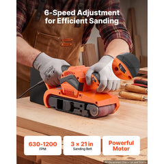 VEVOR 7A Belt Sander 3" x 21" Woodworking Belt Sander 6 Speeds 630-1200 FPM, 2-in-1 Handheld & Benchtop Sanding Machine