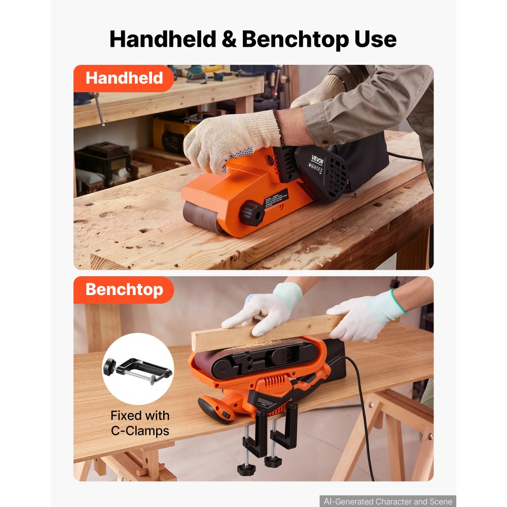 VEVOR 7A Belt Sander 3" x 21" Woodworking Belt Sander 6 Speeds 630-1200 FPM, 2-in-1 Handheld & Benchtop Sanding Machine