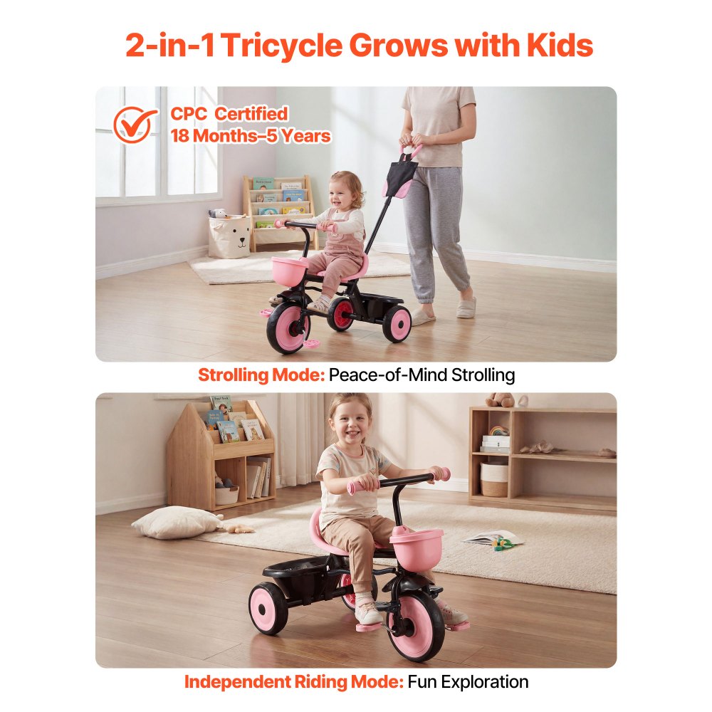 VEVOR Toddler Tricycle & Stroller for 18 Months to 5 Year Old, Kids Trike with Parent Push Handle, Adjustable Seat &