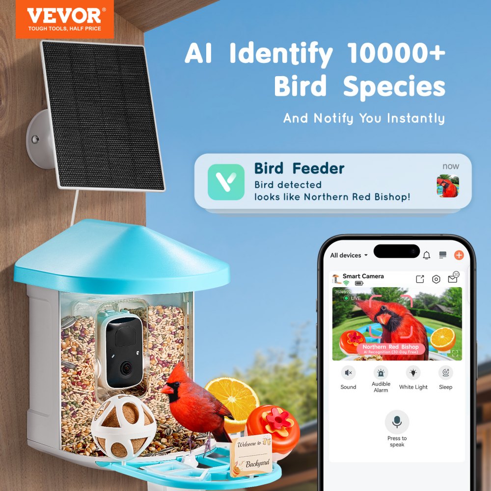 VEVOR Smart Bird Feeder with Camera, 2K HD AI Identify 10,000+ Bird Species, Solar-Powered Bird Watching Camera with