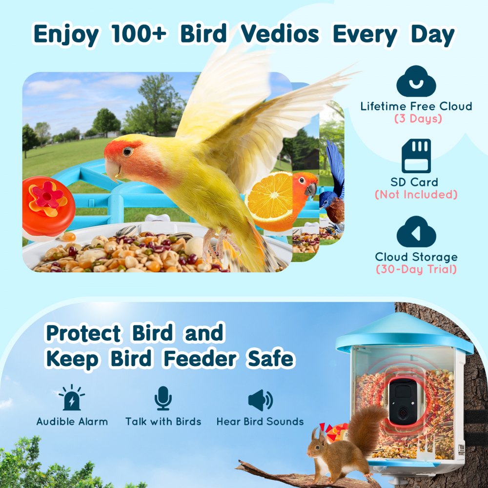 VEVOR Smart Bird Feeder with Camera, 2K HD AI Identify 10,000+ Bird Species, Solar-Powered Bird Watching Camera with