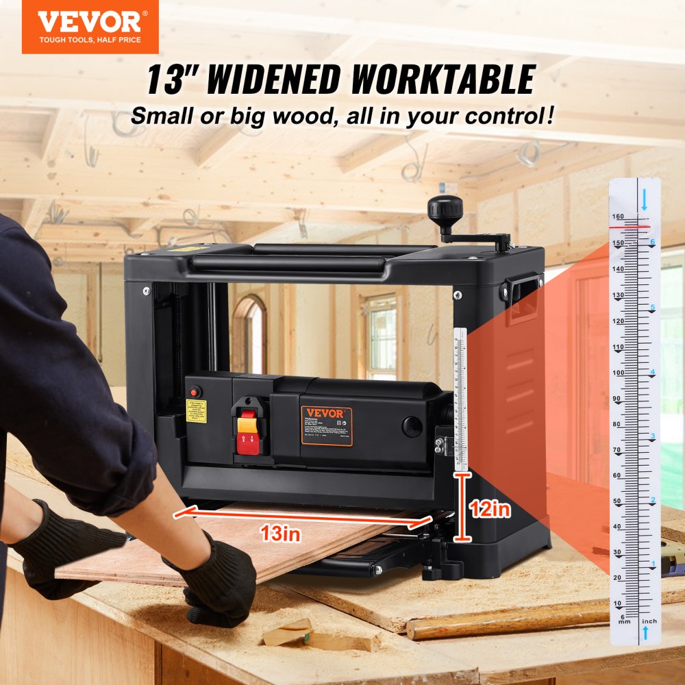 VEVOR Thickness Planer, Single Speed, 13" Width Worktable Benchtop Planer, Two-Blade, 15-Amp 2000W Powerful Motor, 12"