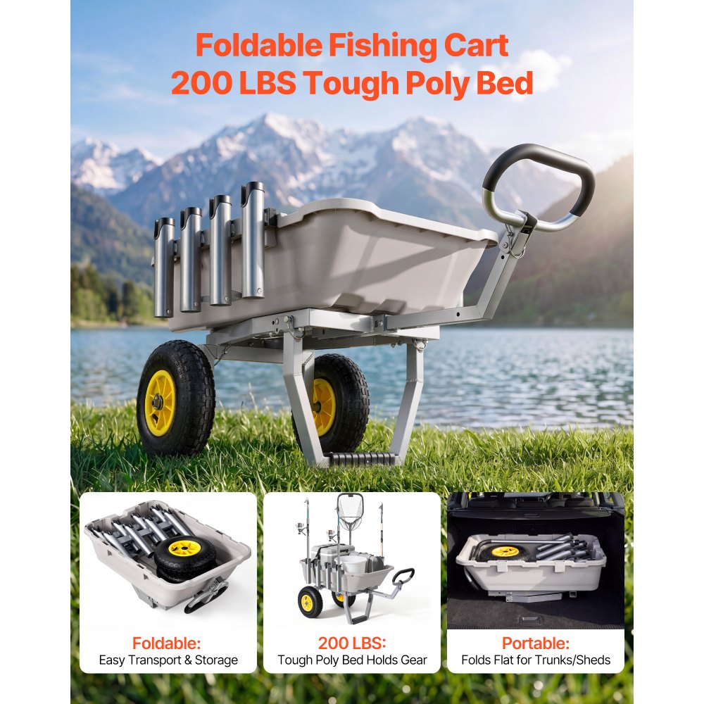 VEVOR Beach Fishing Cart, 200 lbs Load Capacity, Fishing Cart with Poly Bed, Heavy-Duty Aluminum Alloy Frame, 13-Inch