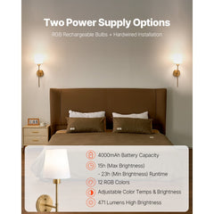VEVOR Battery Operated Wall Sconce Set of 2, 4000mAh Rechargeable Wireless Wall Lights with Remote Control, 30 Lighting