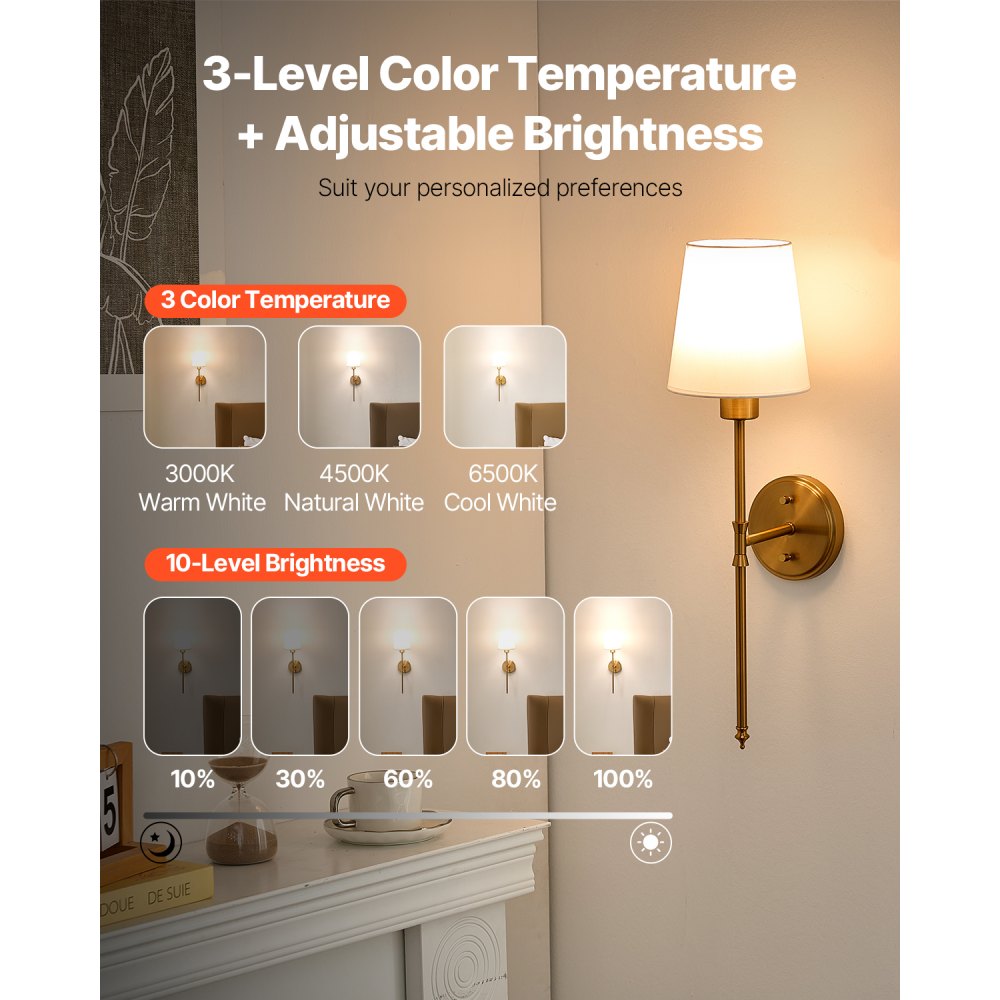 VEVOR Battery Operated Wall Sconce Set of 2, 4000mAh Rechargeable Wireless Wall Lights with Remote Control, 30 Lighting