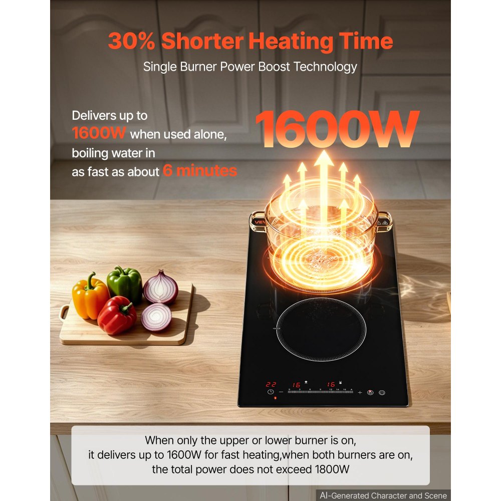VEVOR Electric Cooktop 12inch 2 Burners Portable Stove Top 1800W 120V, Ceramic Countertop/Built-in Radiant Electric