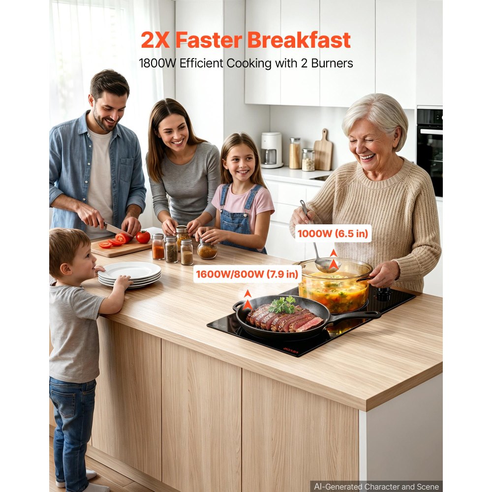 VEVOR Electric Cooktop 12in 2 Burners Portable Stove Top 1800W 120V Plug In, Ceramic Countertop/Built-in Radiant
