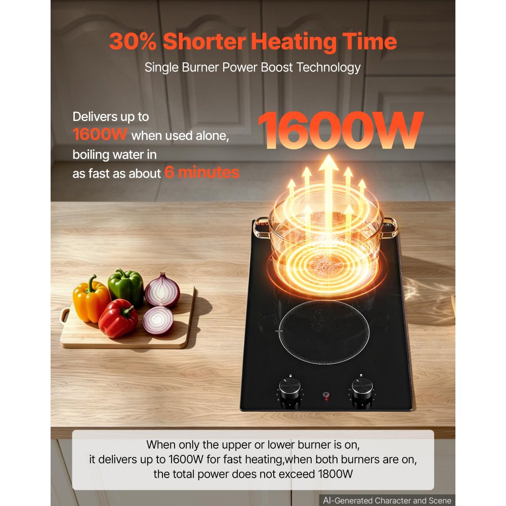 VEVOR Electric Cooktop 12in 2 Burners Portable Stove Top 1800W 120V Plug In, Ceramic Countertop/Built-in Radiant