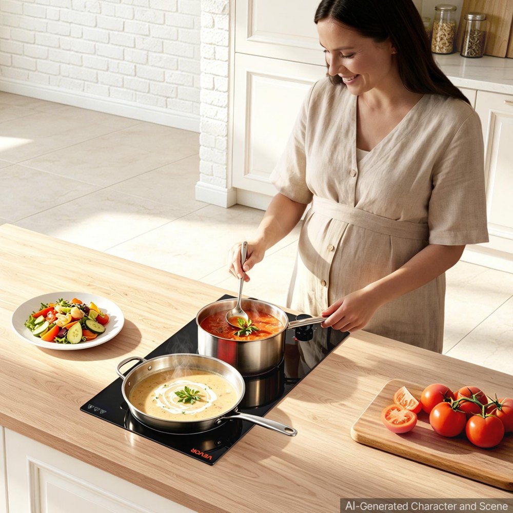 VEVOR Electric Cooktop 12in 2 Burners Portable Stove Top 1800W 120V Plug In, Ceramic Countertop/Built-in Radiant