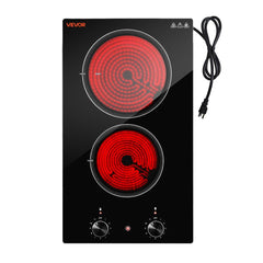 VEVOR Electric Cooktop 12in 2 Burners Portable Stove Top 1800W 120V Plug In, Ceramic Countertop/Built-in Radiant