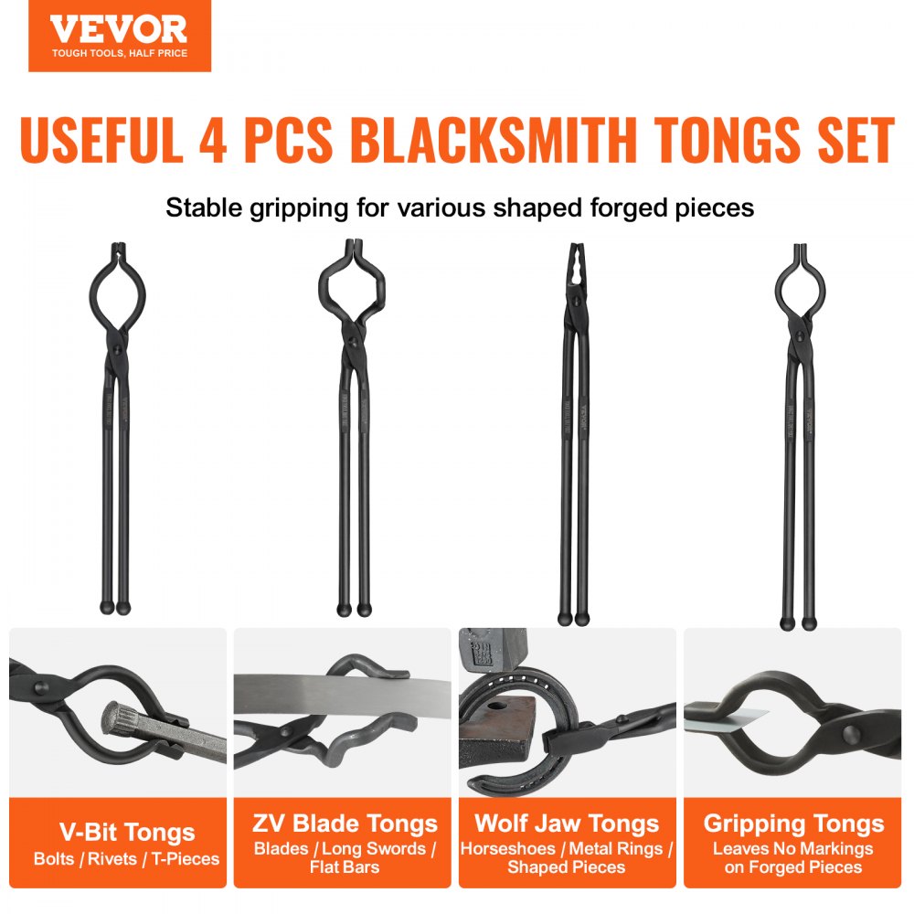 VEVOR Blacksmith Tongs, 18" 4 PCS, V-Bit Bolt Tongs, Wolf Jaw Tongs, Z V-Bit Tongs and Gripping Tongs, Carbon Steel