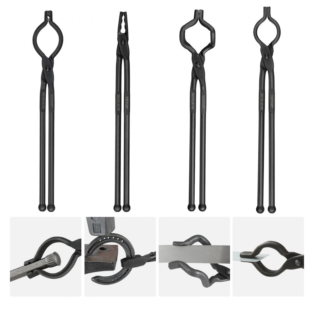 VEVOR Blacksmith Tongs, 18" 4 PCS, V-Bit Bolt Tongs, Wolf Jaw Tongs, Z V-Bit Tongs and Gripping Tongs, Carbon Steel
