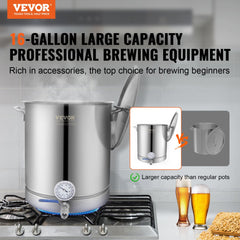 VEVOR Stainless Steel Kettle, 16 GALLON Brewing Pot, Tri Ply Bottom for Beer, Brew Kettle Pot, Home Brewing Supplies