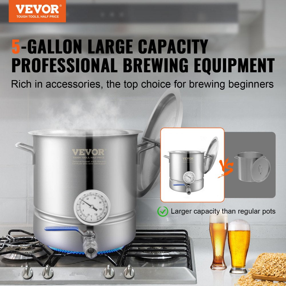 VEVOR Stainless Steel Kettle, 5 GALLON Brewing Pot, Tri Ply Bottom for Beer, Brew Kettle Pot, Home Brewing Supplies
