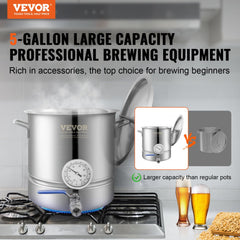 VEVOR Stainless Steel Kettle, 5 GALLON Brewing Pot, Tri Ply Bottom for Beer, Brew Kettle Pot, Home Brewing Supplies