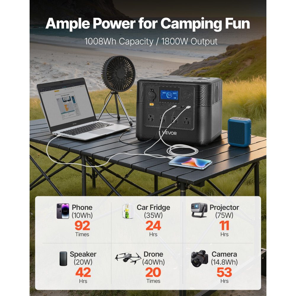 VEVOR Portable Power Station, 1800W Solar Generator Power Station, 1008Wh LiFePO4 Battery Backup with 9 Output Ports