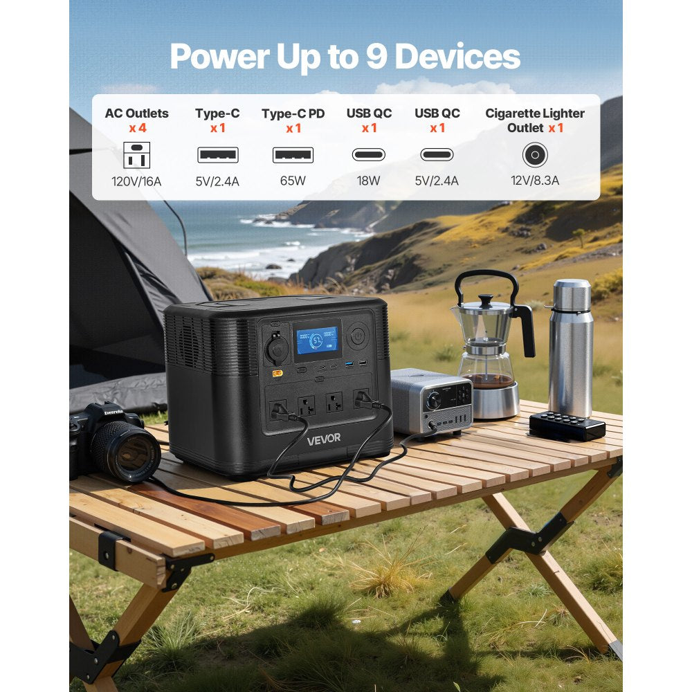 VEVOR Portable Power Station, 1800W Solar Generator Power Station, 1008Wh LiFePO4 Battery Backup with 9 Output Ports