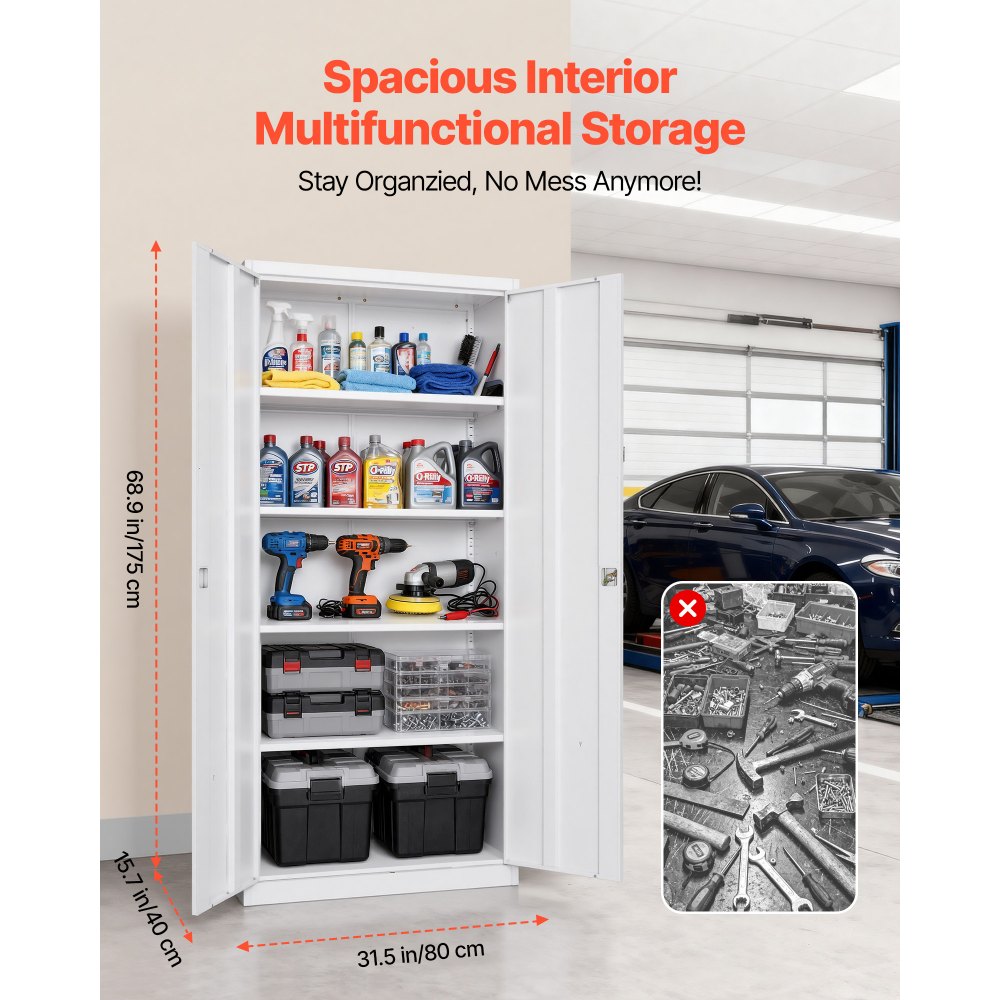 VEVOR Metal Storage Cabinet, 68.9 in Lockable Steel Garage Cabinet with 4 Adjustable Shelves, 2 Magnetic Doors, 2 Keys