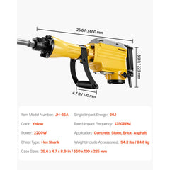 VEVOR Demolition Jack Hammer, 2200W 1350 BPM Jack Hammer Concrete Breaker, Heavy Duty Electric Jack Hammer 4pcs Chisels