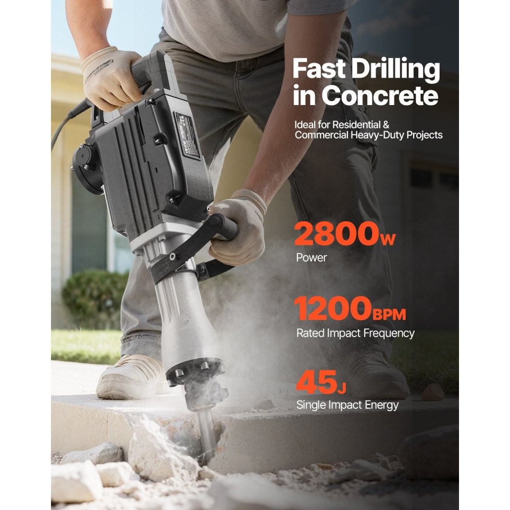 VEVOR Demolition Jack Hammer, 2800 W Powerful Electric Jackhammer, 1200 BPM Concrete Breaker with 3 Chisels, a Clay