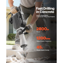VEVOR Demolition Jack Hammer, 2800 W Powerful Electric Jackhammer, 1200 BPM Concrete Breaker with 3 Chisels, a Clay