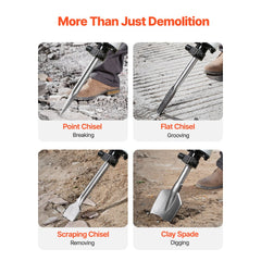 VEVOR Demolition Jack Hammer, 2800 W Powerful Electric Jackhammer, 1200 BPM Concrete Breaker with 3 Chisels, a Clay