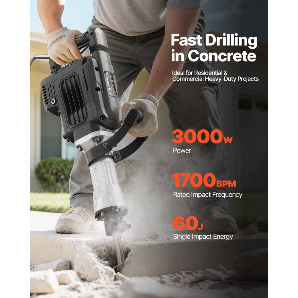 VEVOR Demolition Jack Hammer, 3000 W Powerful Electric Jackhammer, 1700 BPM Concrete Breaker with a Point Chisel