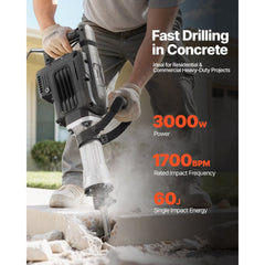 VEVOR Demolition Jack Hammer, 3000 W Powerful Electric Jackhammer, 1700 BPM Concrete Breaker with a Point Chisel
