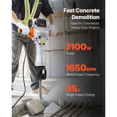 VEVOR Demolition Jack Hammer, 2100 W Powerful Electric Jackhammer, 1650 BPM Concrete Breaker with 2 Point Chisels, 2