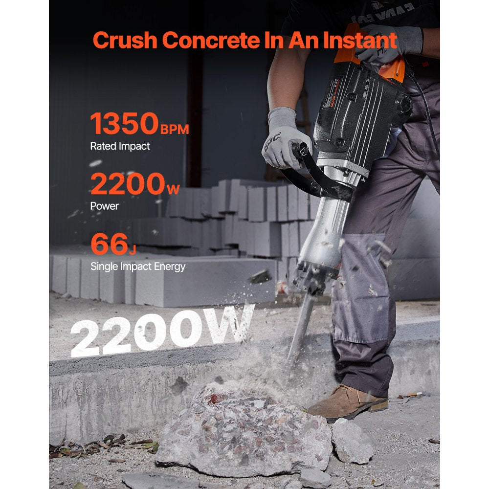 VEVOR Demolition Jack Hammer, 1350 BPM Concrete Breaker 6pcs Chisels Bit Chipping with Case, 2200W Electric Jackhammer