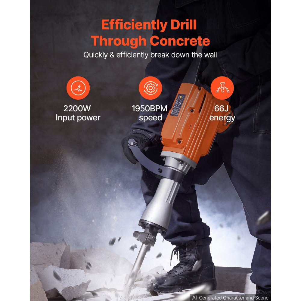 VEVOR Demolition Jack Hammer 2200 W 1950 BPM Concrete Breaker 6pcs Chisels, For Trenching and Hole Breaking, 360°
