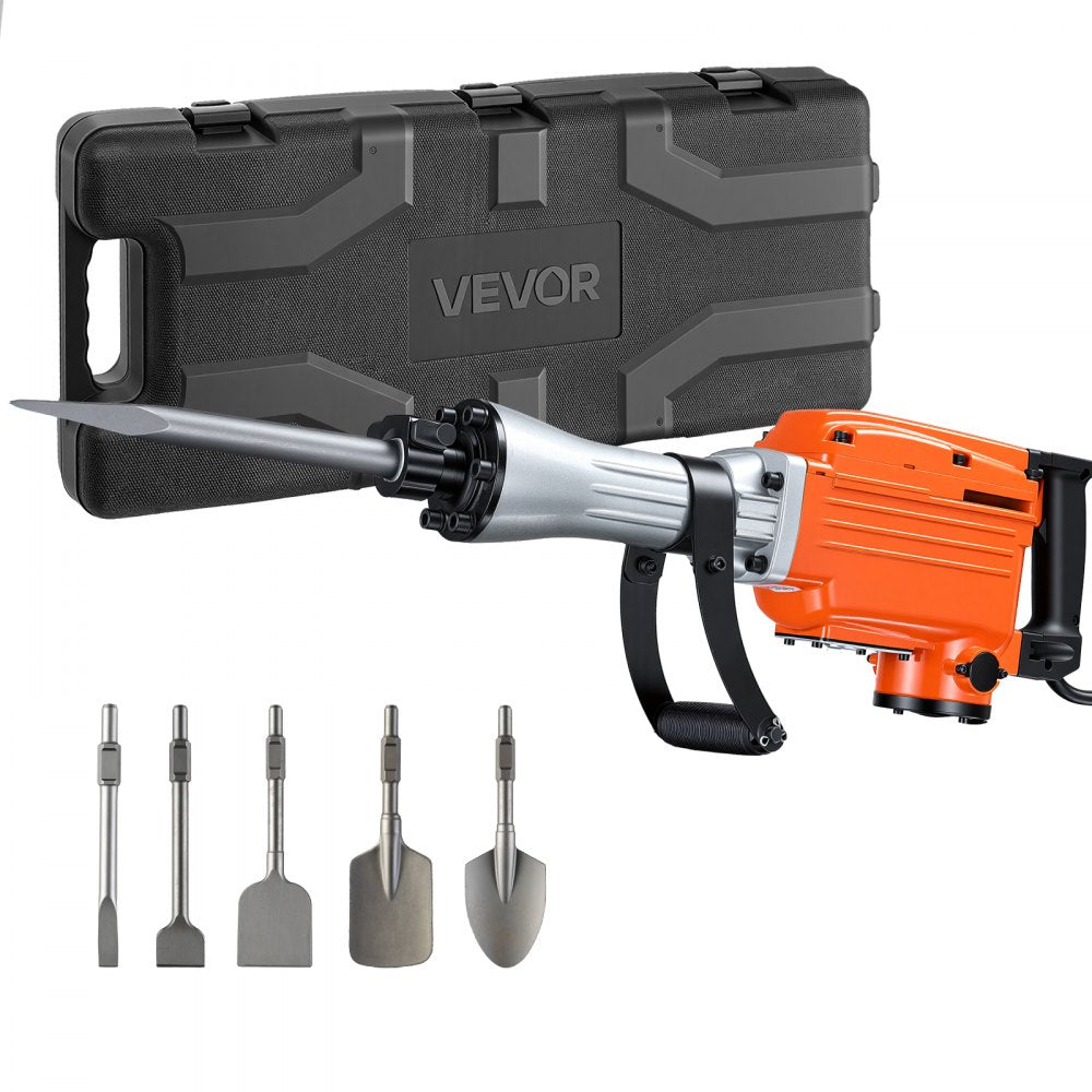 VEVOR Demolition Jack Hammer 2200 W 1950 BPM Concrete Breaker 6pcs Chisels, For Trenching and Hole Breaking, 360°