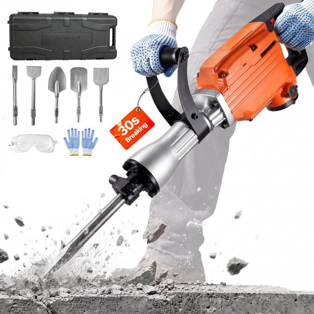 VEVOR Demolition Jack Hammer, 2200W Electric Jackhammer Heavy Duty, 1440 BPM Concrete Breaker 6pcs Chisels Bit Chipping