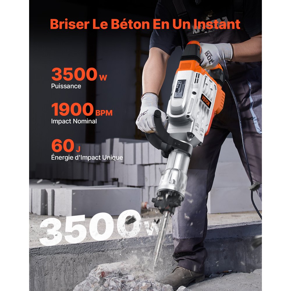 VEVOR Demolition Jack Hammer, 3500W Jack Hammer Concrete Breaker, 1900 BPM Heavy Duty Electric Jack Hammer, 2pcs Chisel
