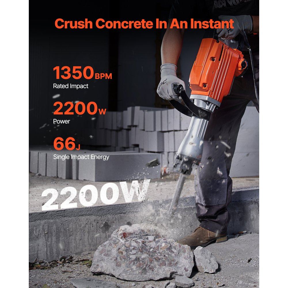 VEVOR Demolition Jack Hammer, 2200W Electric Jackhammer Heavy Duty, 1350 BPM Concrete Breaker, 2pcs Chisels Bit