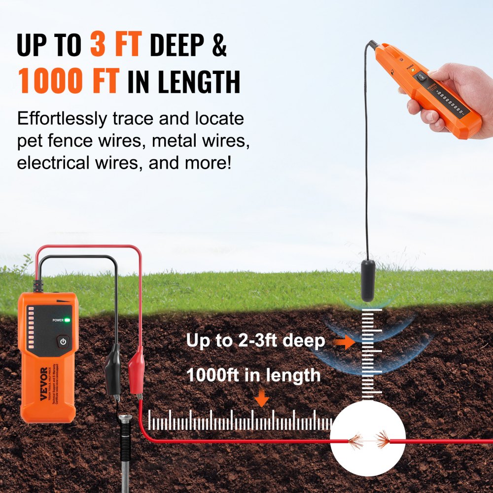 VEVOR Underground Cable Locator, 3 FT Max. Detection Depth, Wire Tracer Break Detector Finder with Earphone, 1000 FT