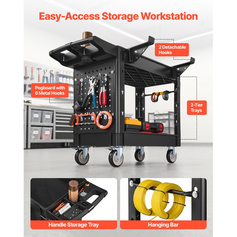VEVOR Utility Cart, 550 lbs Capacity, 2 Tier Service Cart with 360° Swivel & Fixed Wheels (2 with Brakes), Heavy Duty