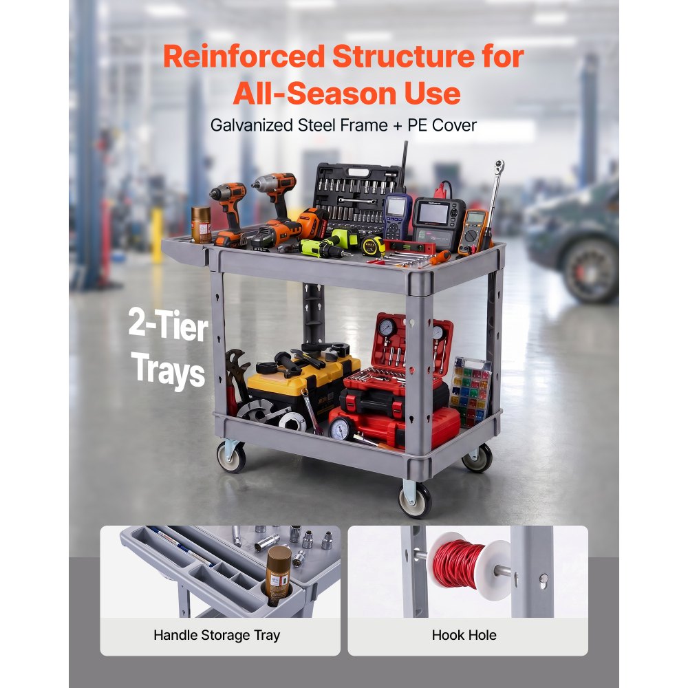 VEVOR Utility Cart, 550 lbs Capacity, 2 Tier Service Cart with 360° Swivel & Fixed Wheels (2 with Brakes), Heavy Duty